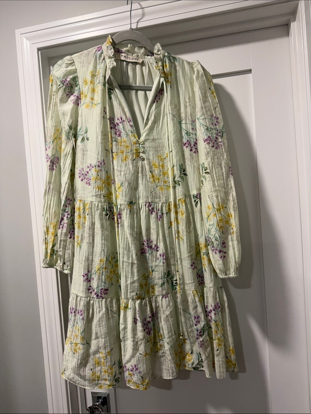 Taylor Mint Green Floral Long-Sleeve Tiered Dress